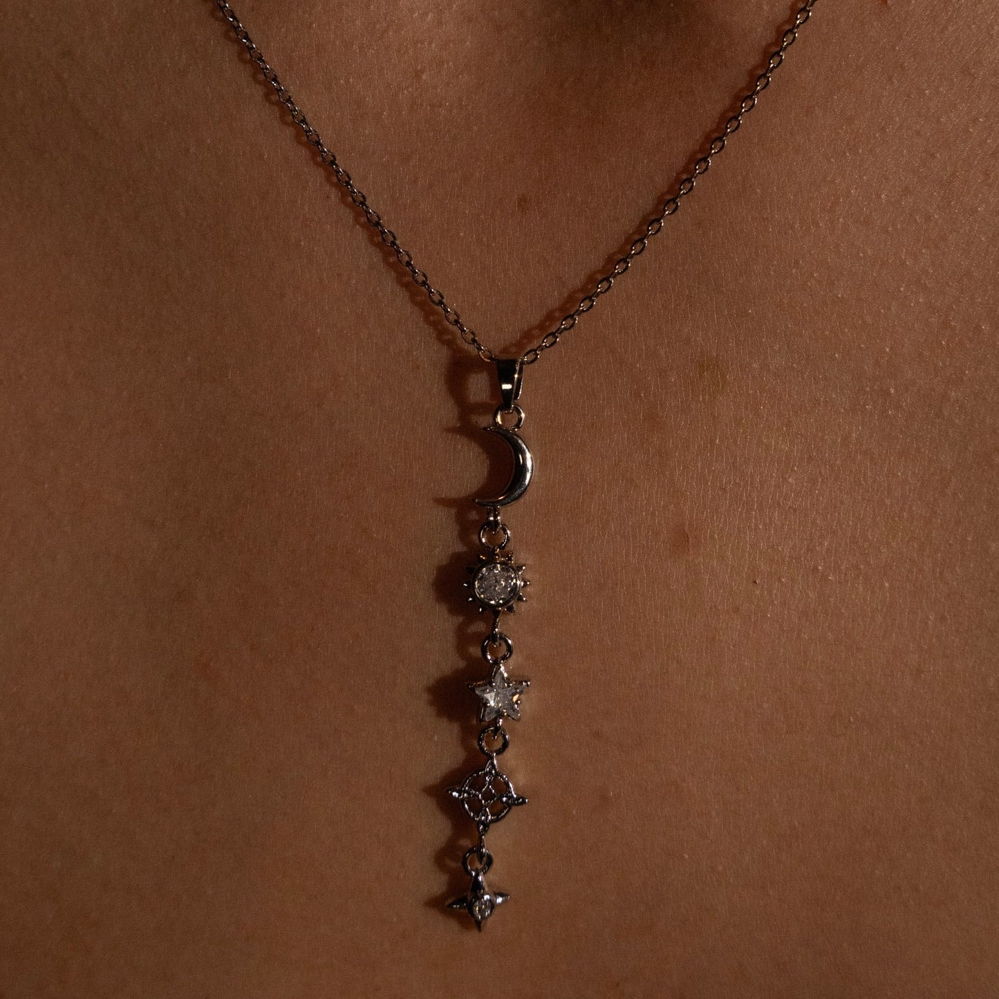 Silver Crescent Moon Drop Necklace