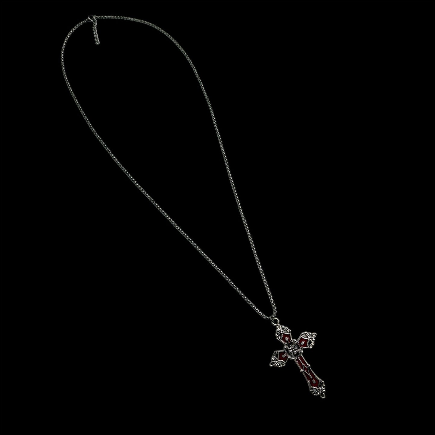 Silver Ornate Red Cross Necklace