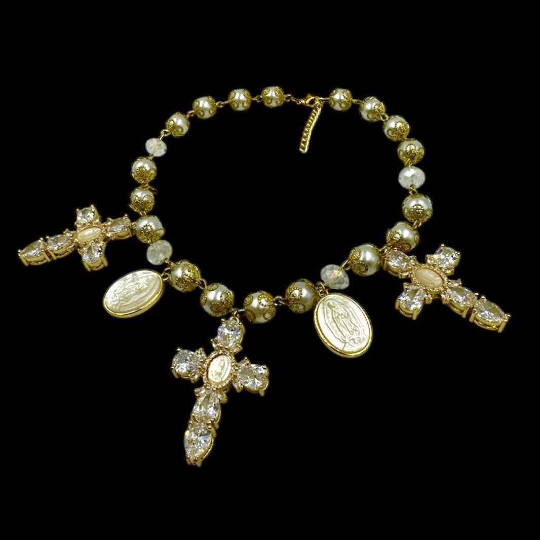Virgin Mary Crystal Cross Charm Necklace