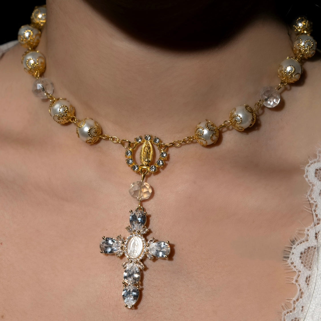 Gold Virgin Mary Crystal Cross Rosary Choker