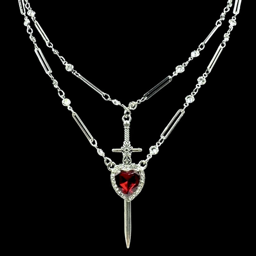 Pierceable Silver Red Heart Crystal Chain Necklace
