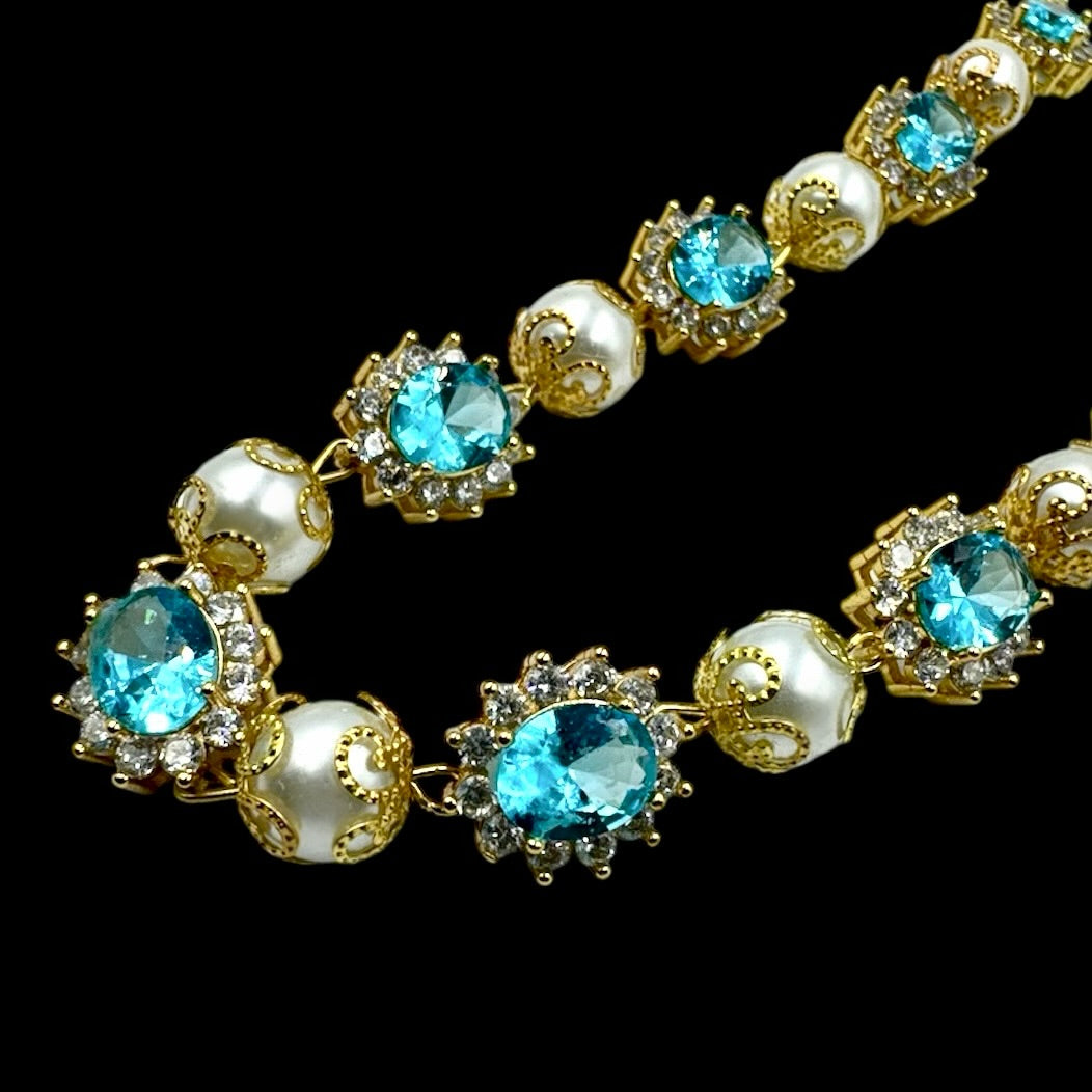Venus Aquamarine Blue Gems & Pearl Choker