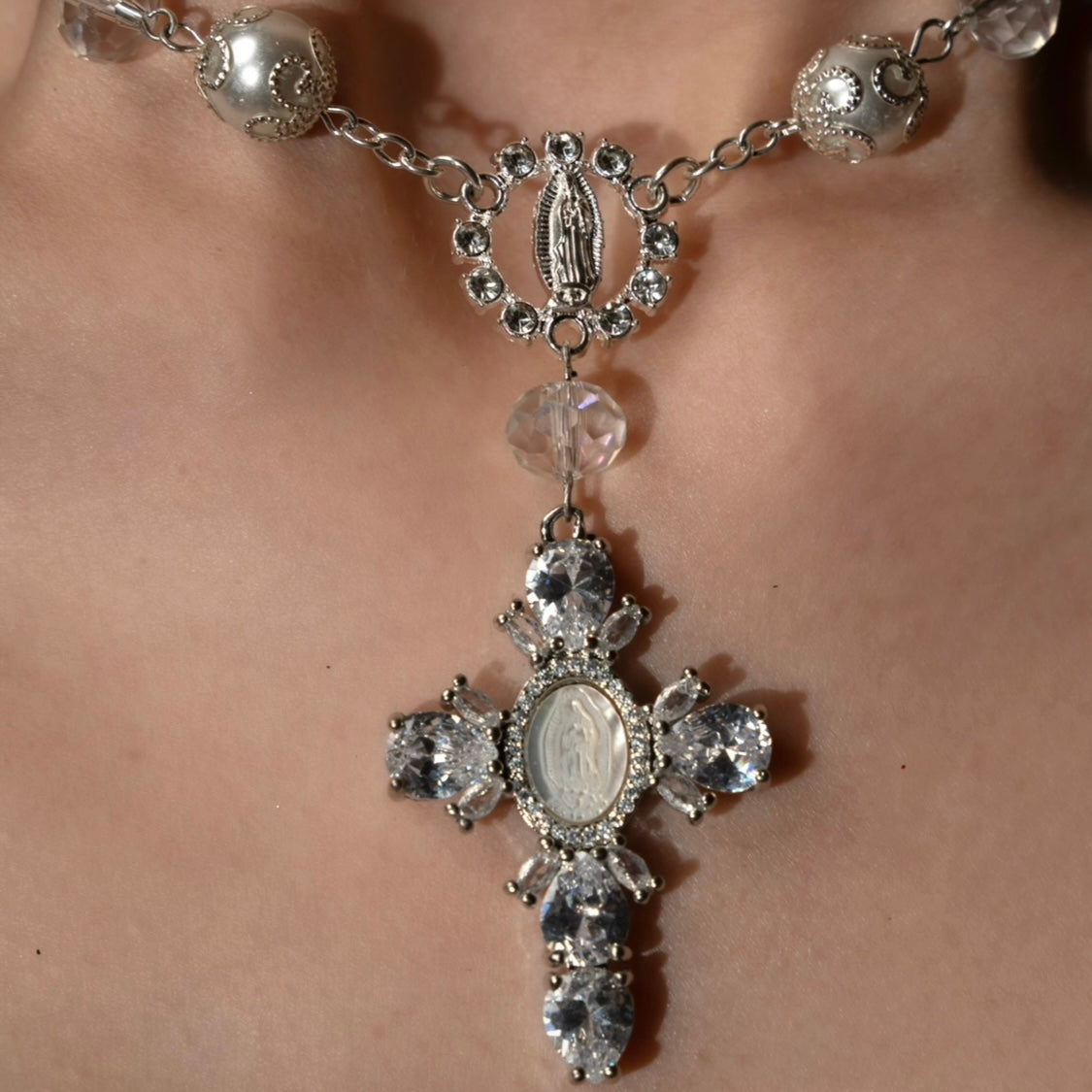Silver Virgin Mary Crystal Cross Rosary Choker