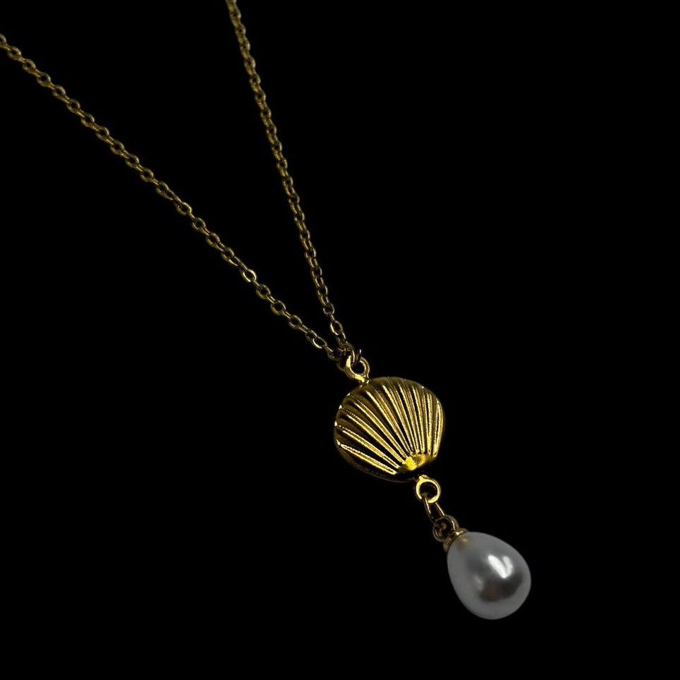 Gold Shell Pearl Drop Necklace