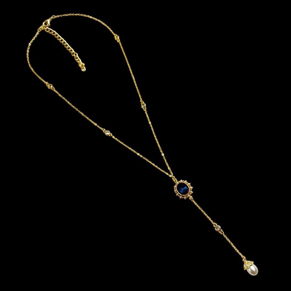 Gold Siren Sapphire Blue Pearl Drop Lariat