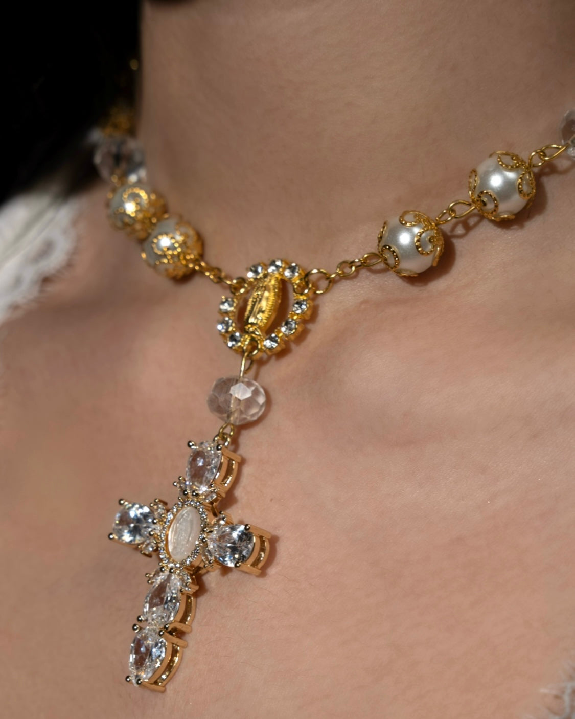 Gold Virgin Mary Crystal Cross Rosary Choker