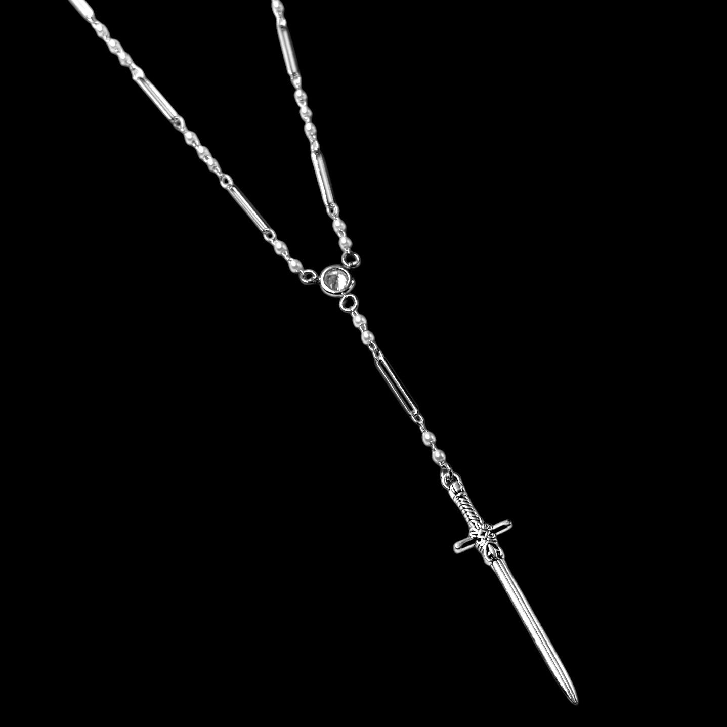 Silver Sword Pearl Link Rosary