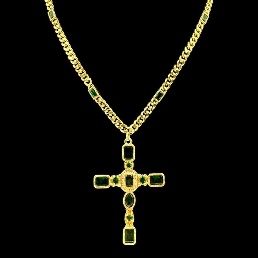 Emerald Green Baguette Cross Necklace
