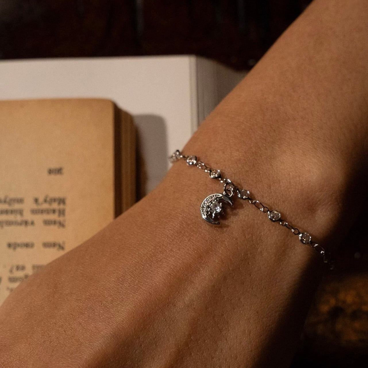 Silver Crescent Moon Diamond Bracelet