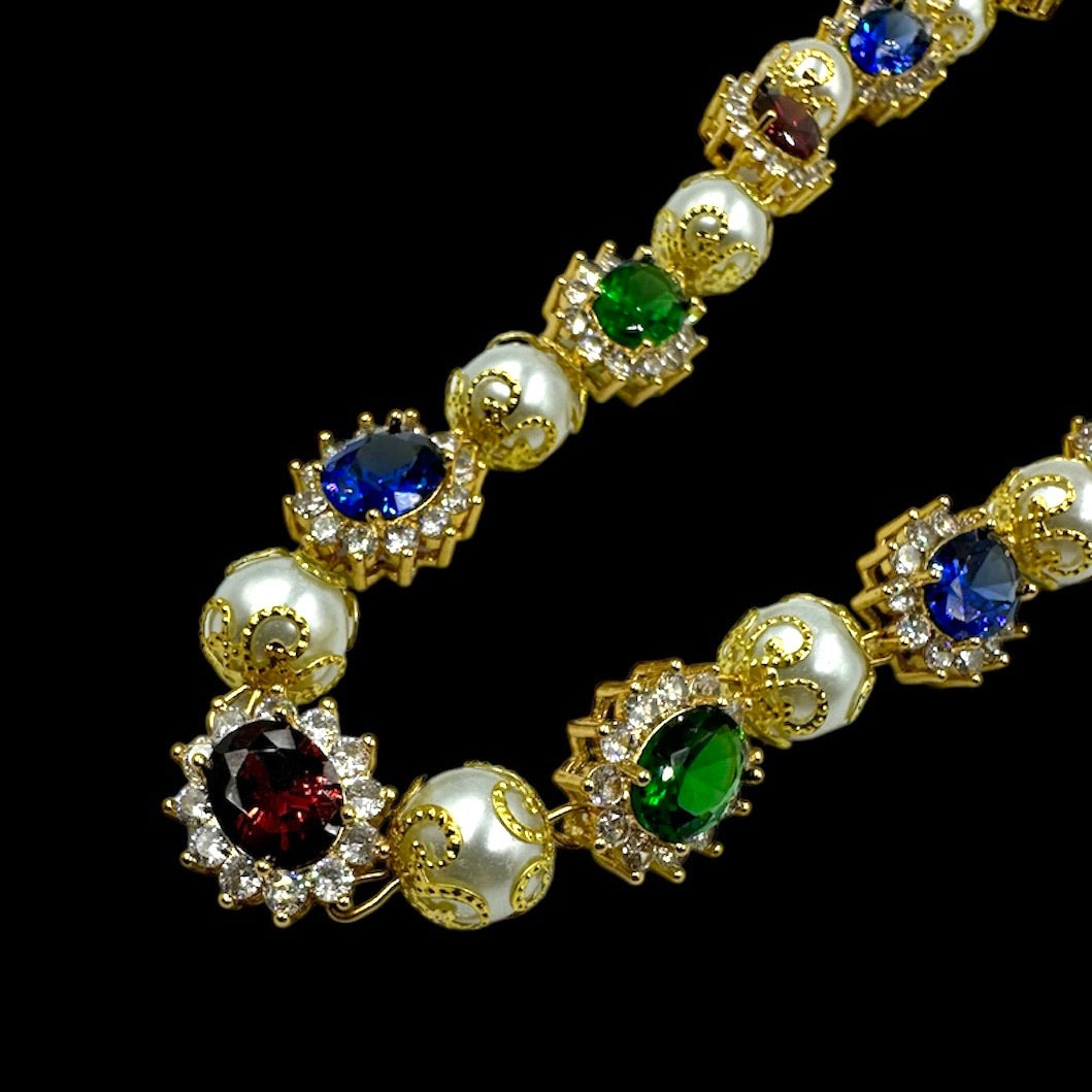 Green Red Blue Gems & Pearls Choker