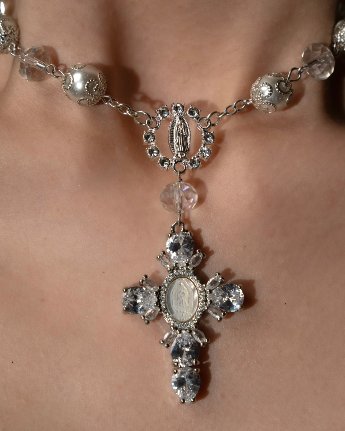 Silver Virgin Mary Crystal Cross Rosary Choker