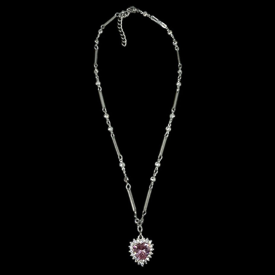 Silver Pink Diamond Heart Crystal Necklace