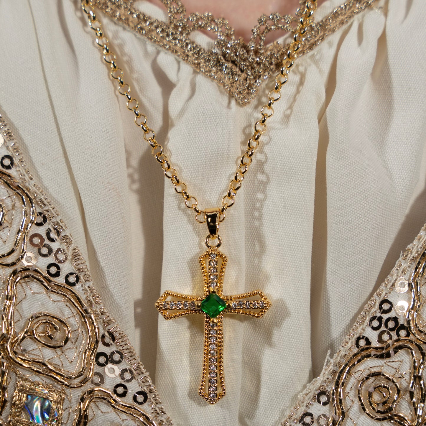 Rhombus Emerald Cross Necklace