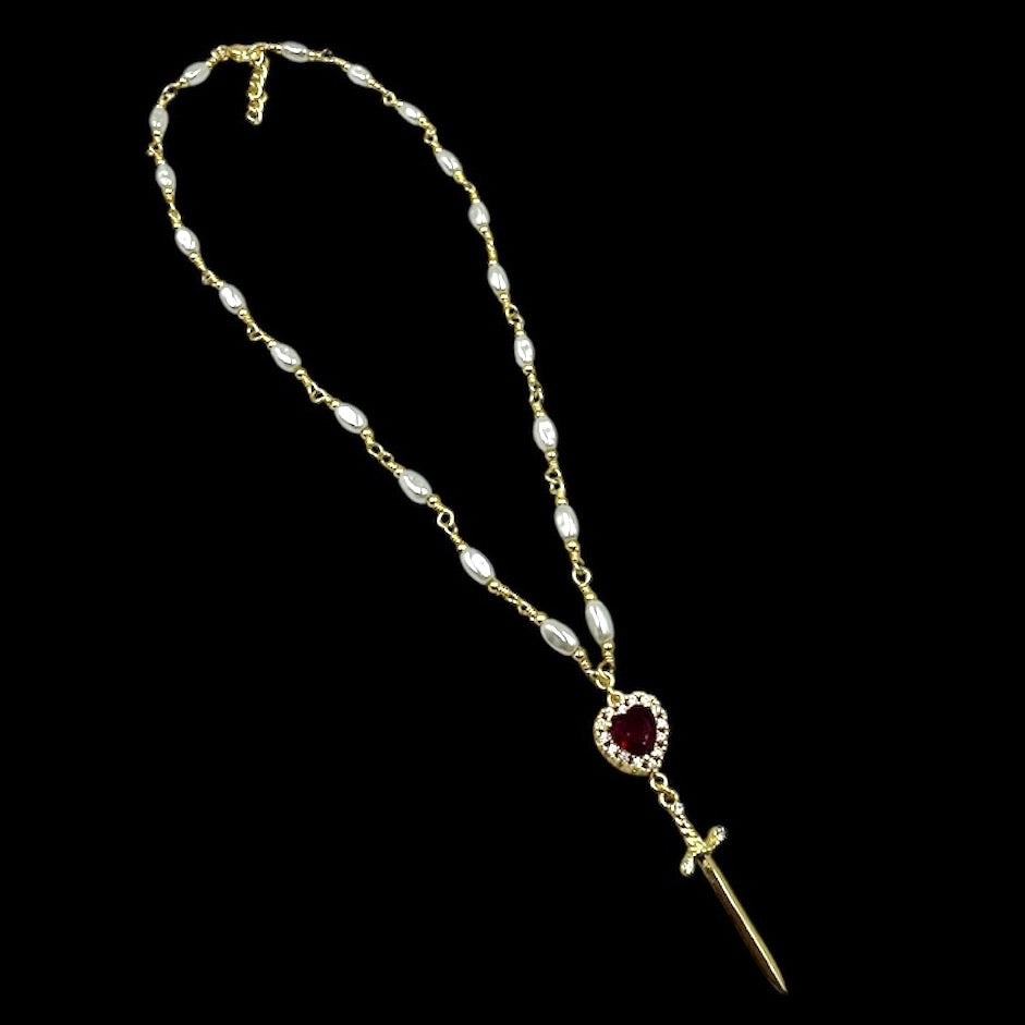 Gold Heart Dagger Pearl Choker
