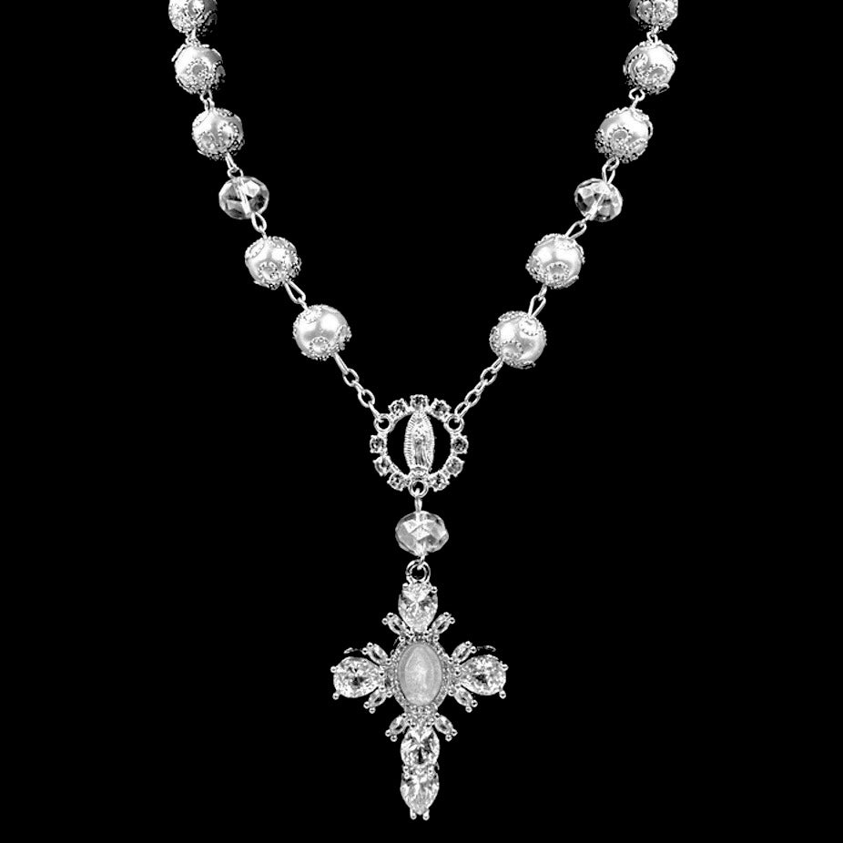 Silver Virgin Mary Crystal Cross Rosary Choker
