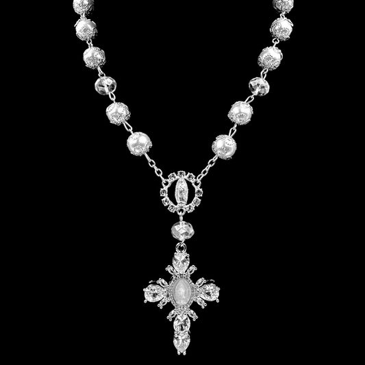 Silver Virgin Mary Crystal Cross Rosary Choker