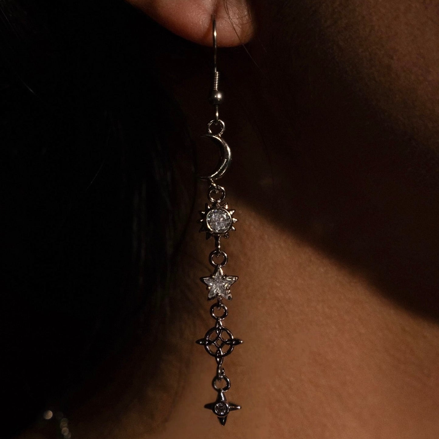 Silver Crescent Moon Drop Earrings