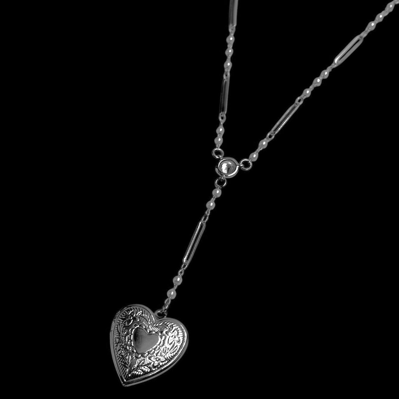 Silver Heart Locket Pearl Link Rosary