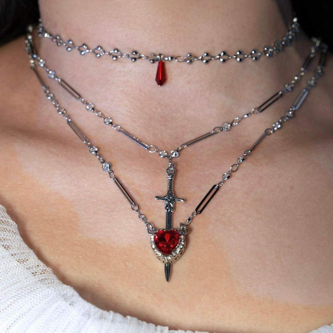 Pierceable Silver Red Heart Crystal Chain Necklace