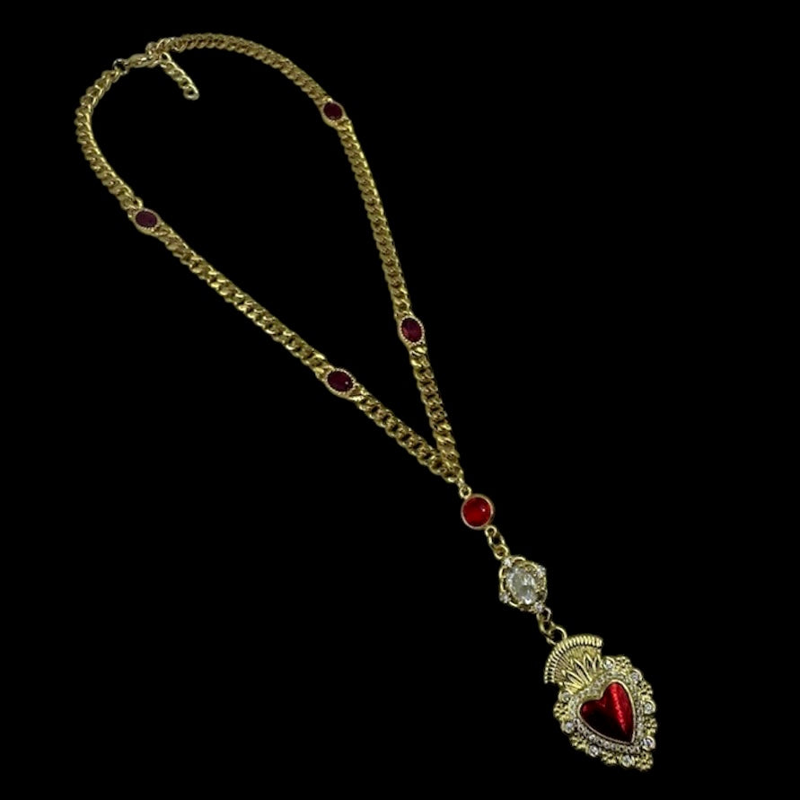 Sacred Heart Red Gem Curb Chain Necklace