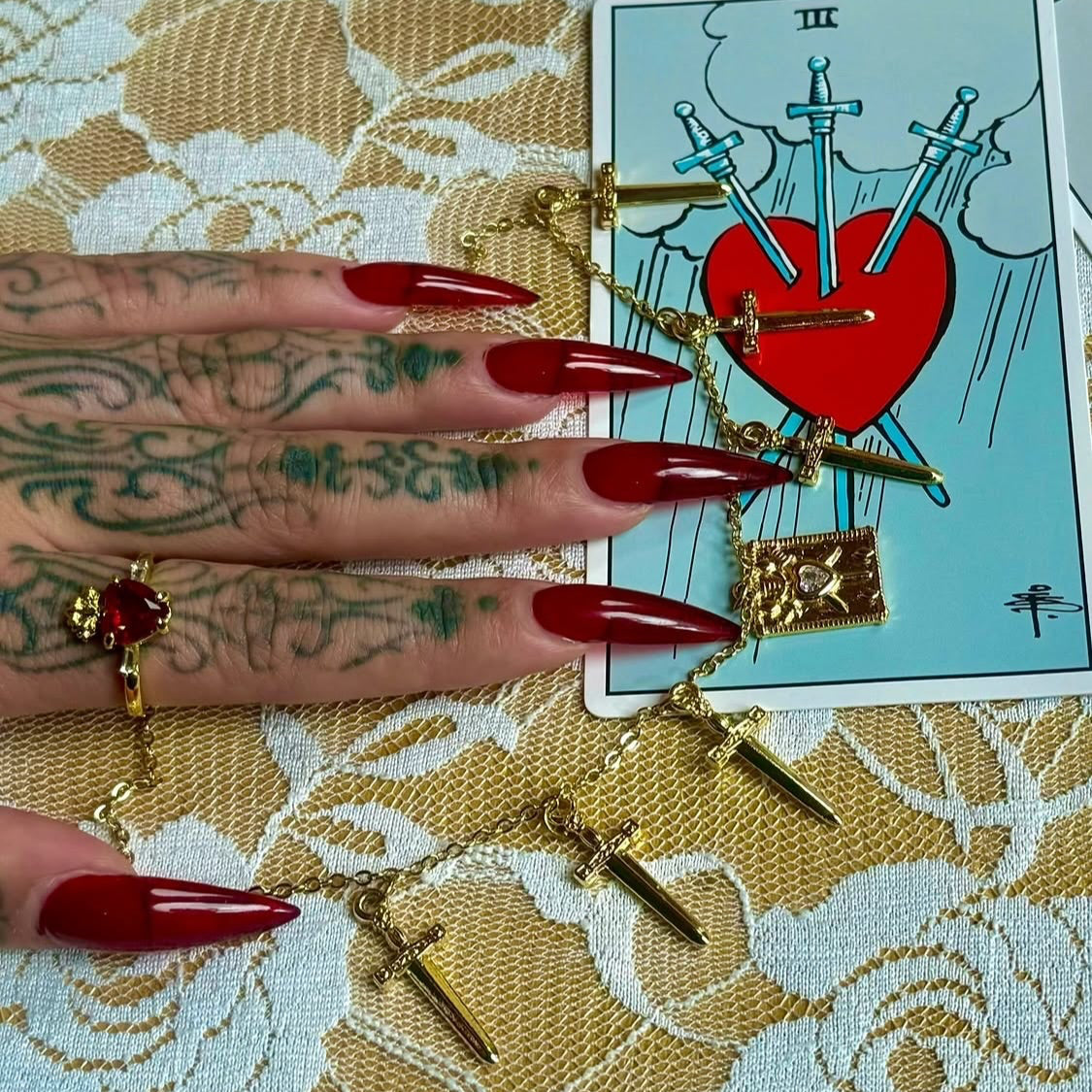 Gold Three Swords Tarot Charm Necklace