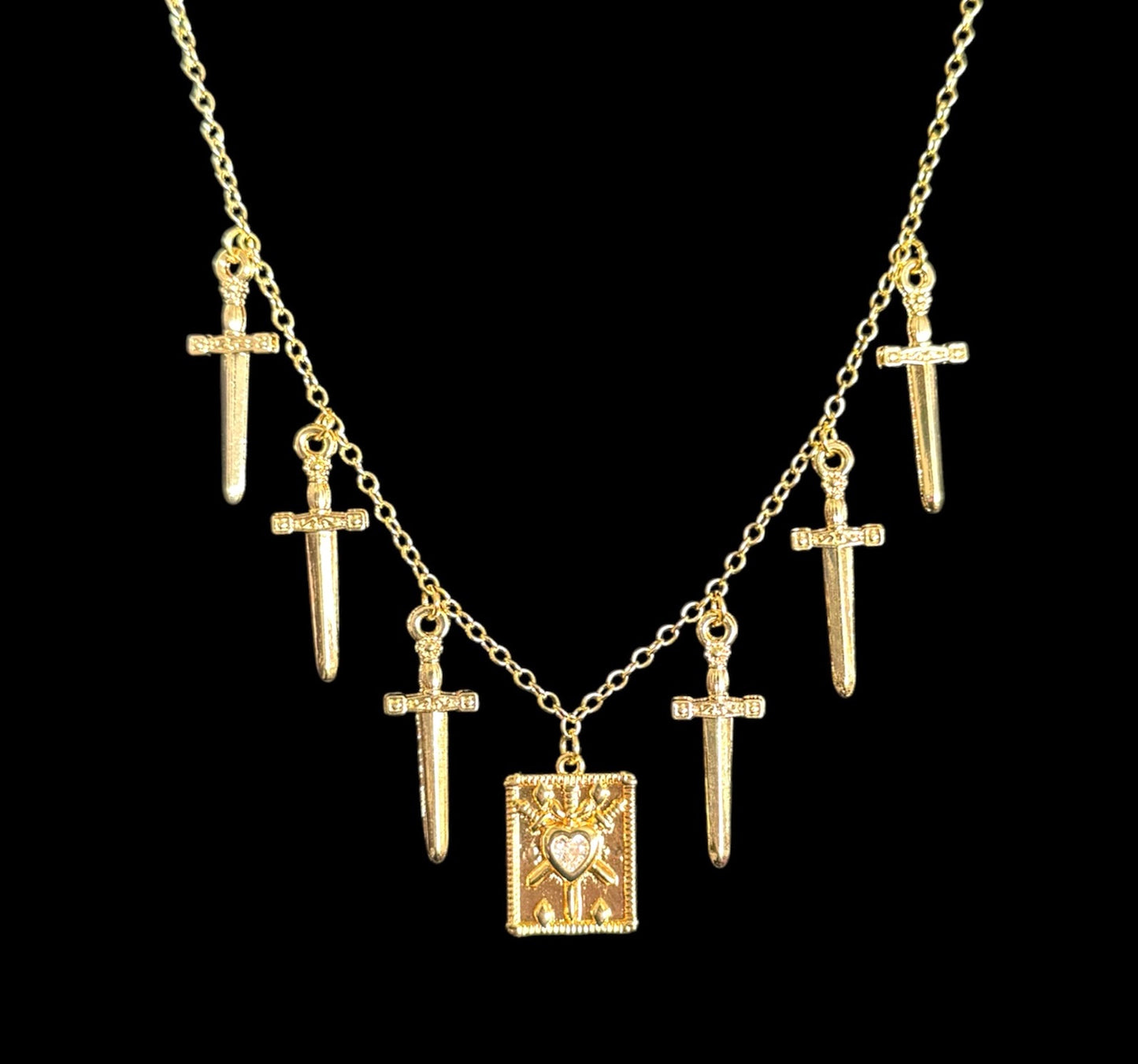 Gold Three Swords Tarot Charm Necklace