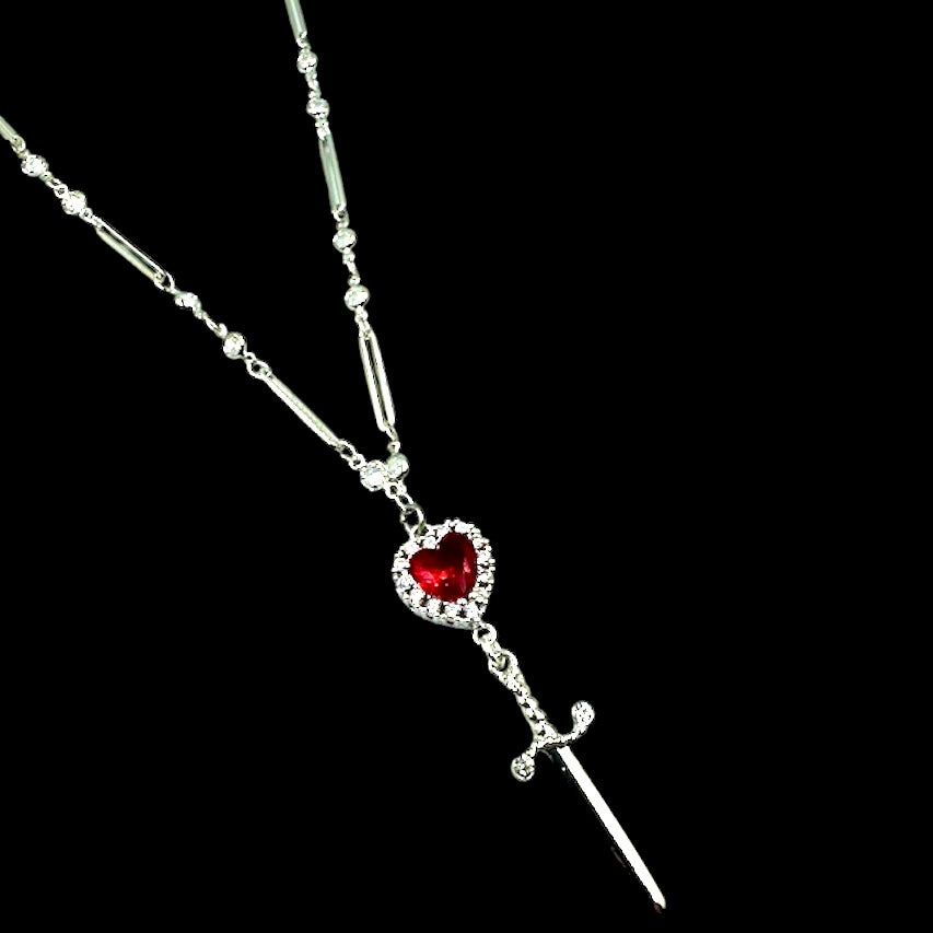 Silver Heart Dagger Crystal Chain Necklace