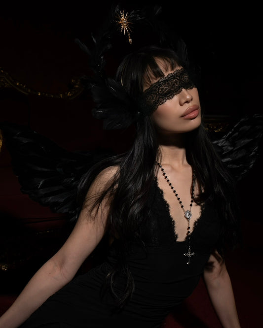 Silver Crowned Mary Black Beaded Rosary