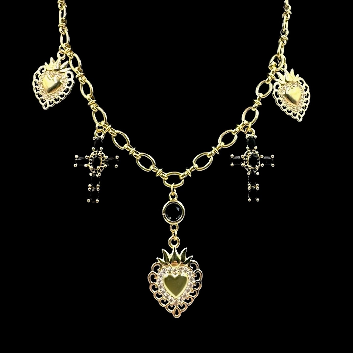 Sacred Heart Black Cross Charm Necklace