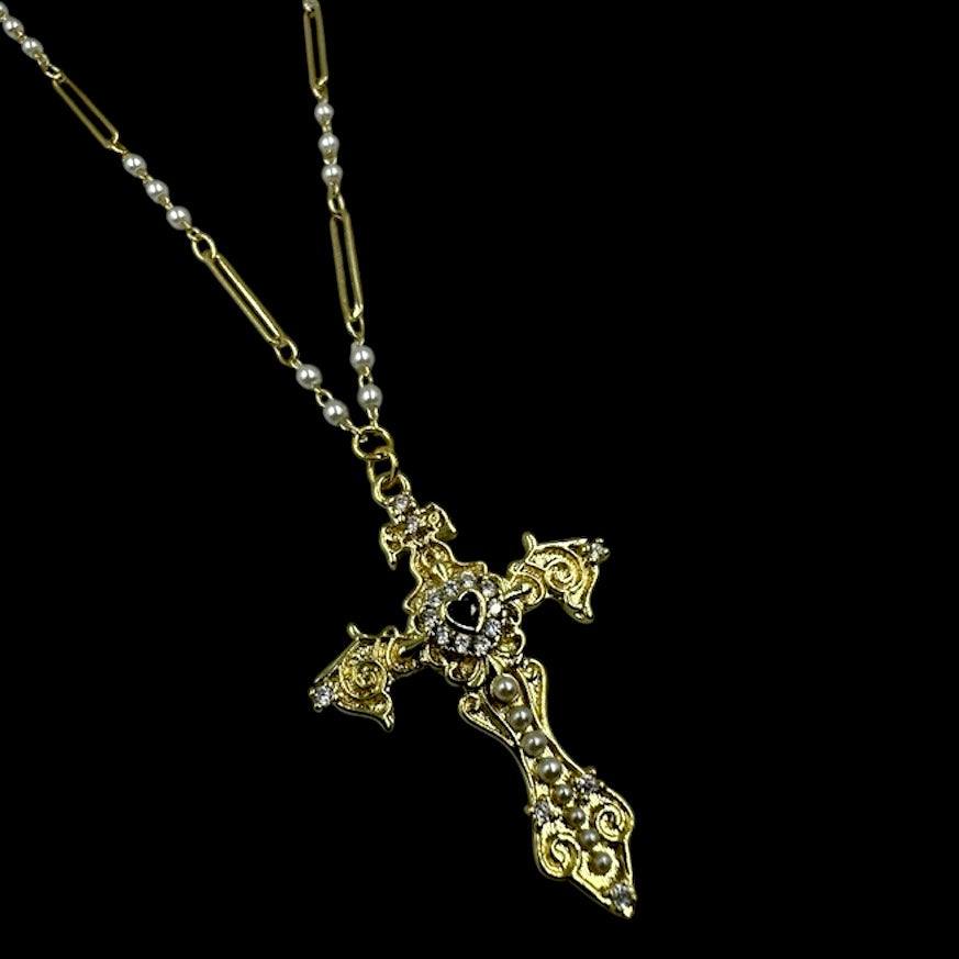 Gold Fleur de Lis Cross Pearl Necklace