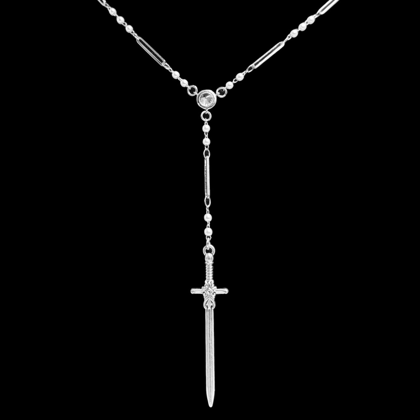 Silver Sword Pearl Link Rosary