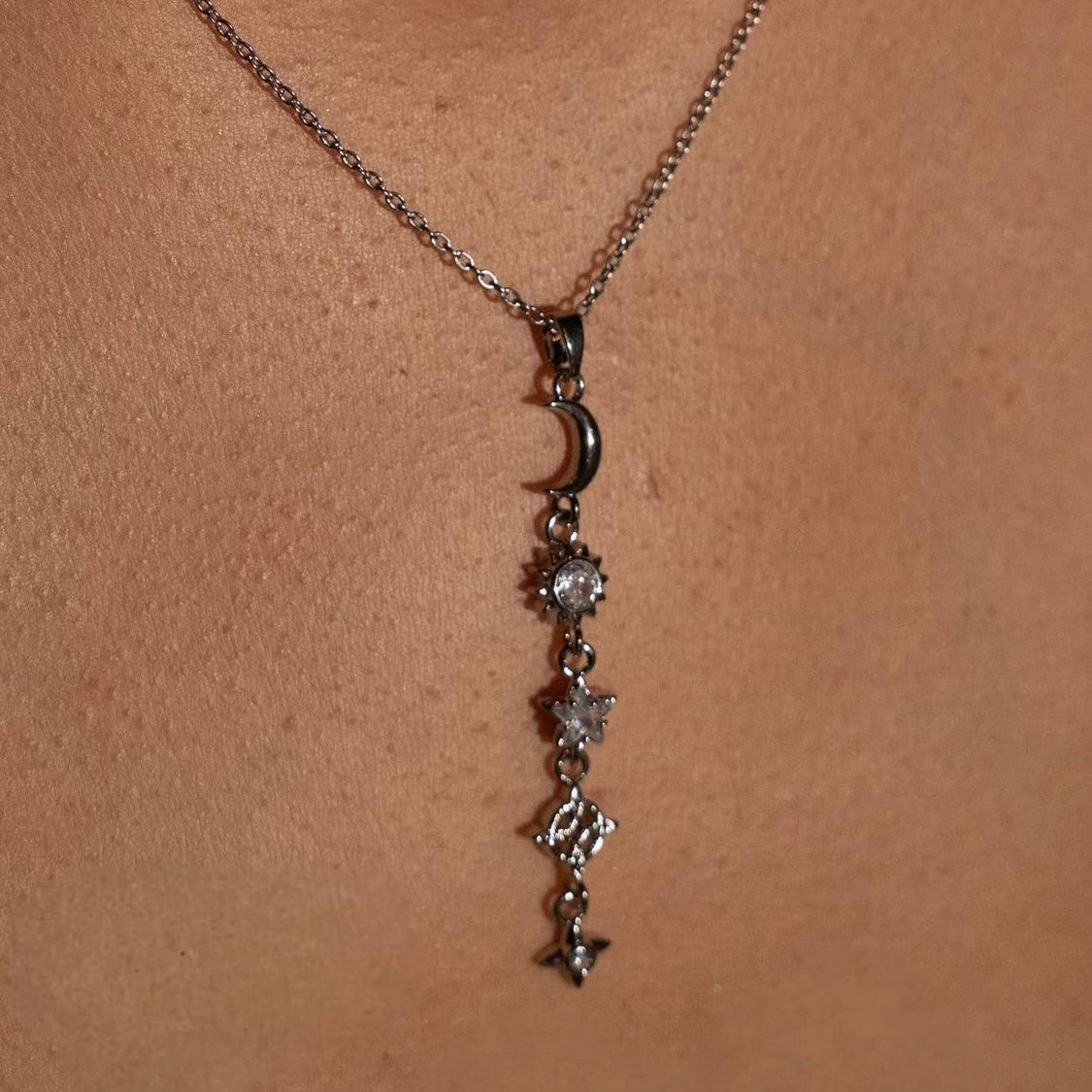 Silver Crescent Moon Drop Necklace