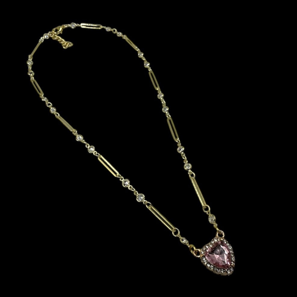 Pierceable Gold Pink Heart Crystal Chain Necklace