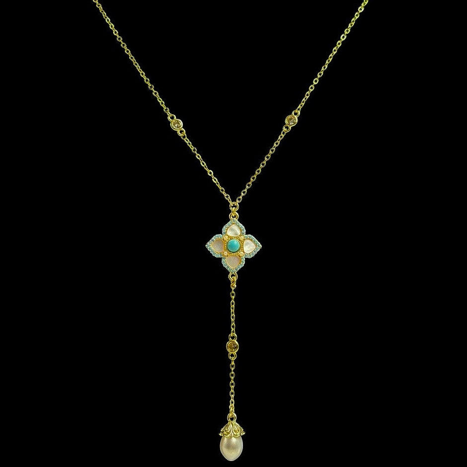 Gold Aquamarine Quatrefoil Pearl Drop Lariat