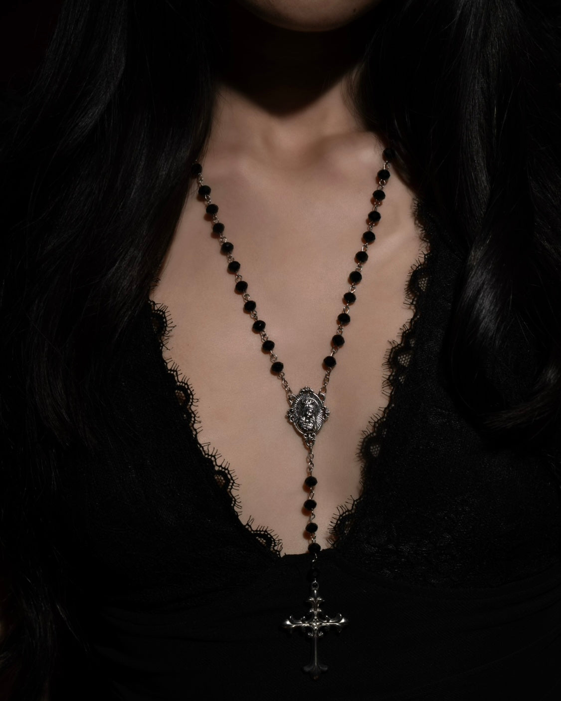 Silver Crowned Mary Black Beaded Rosary