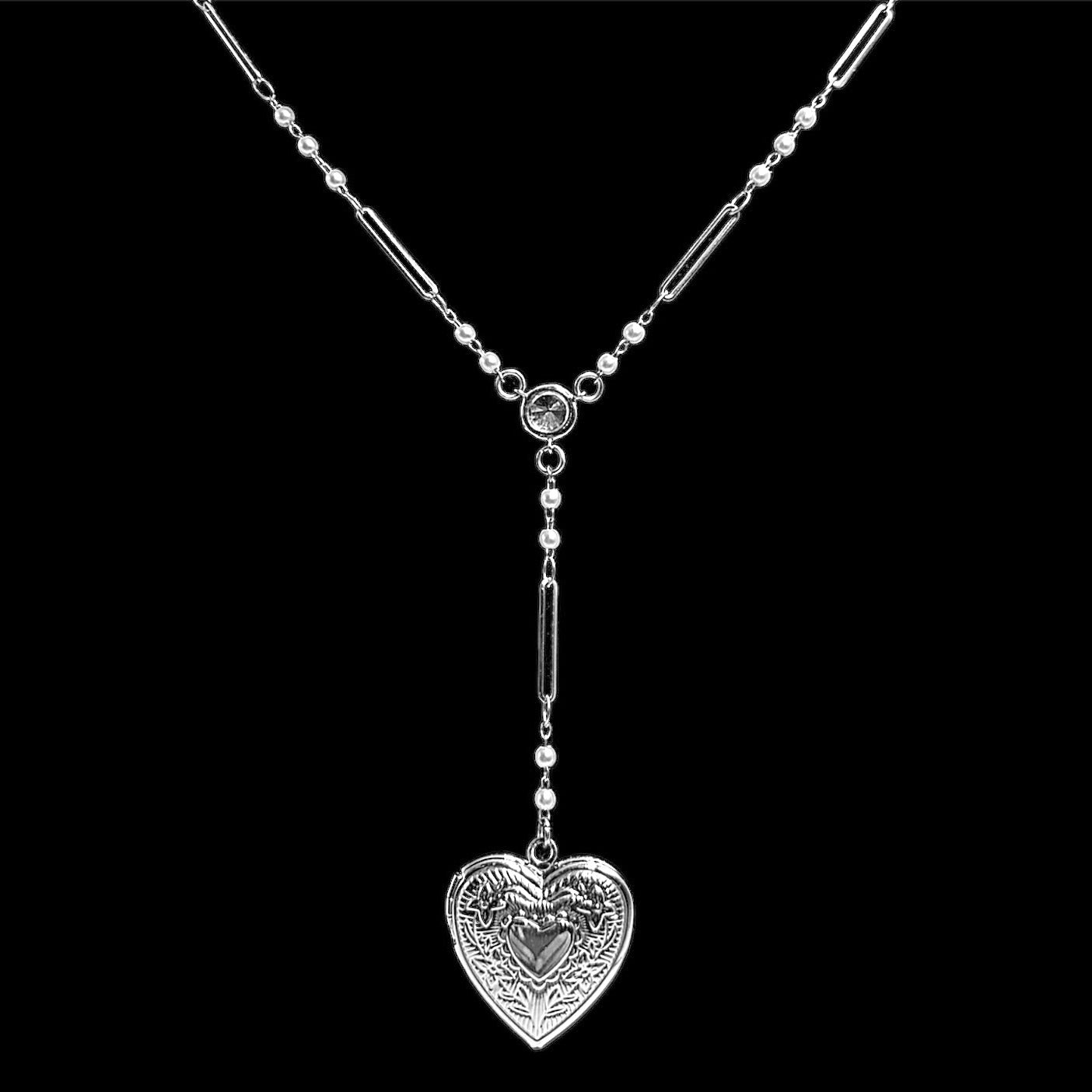 Silver Heart Locket Pearl Link Rosary