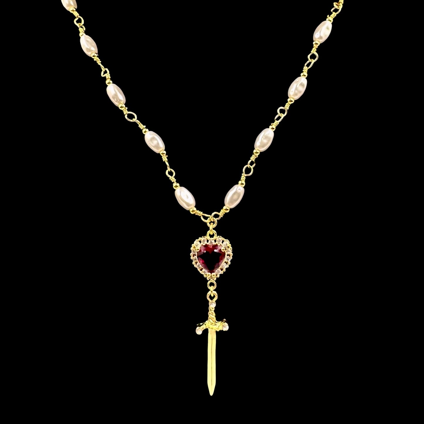 Gold Heart Dagger Pearl Choker