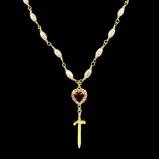 Gold Heart Dagger Pearl Choker