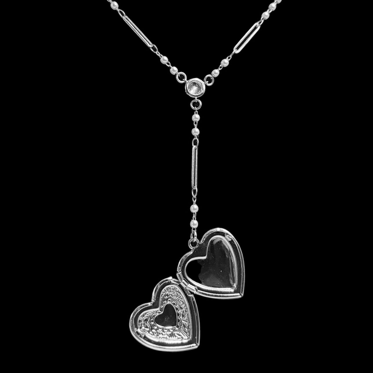 Silver Heart Locket Pearl Link Rosary
