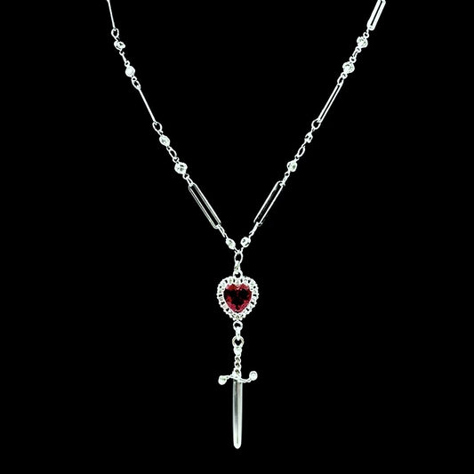 Silver Heart Dagger Crystal Chain Necklace