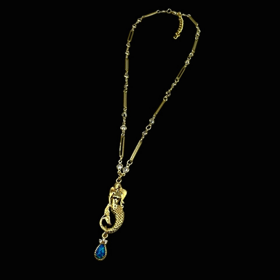 Gold Siren Blue Opal Droplet Crystal Necklace
