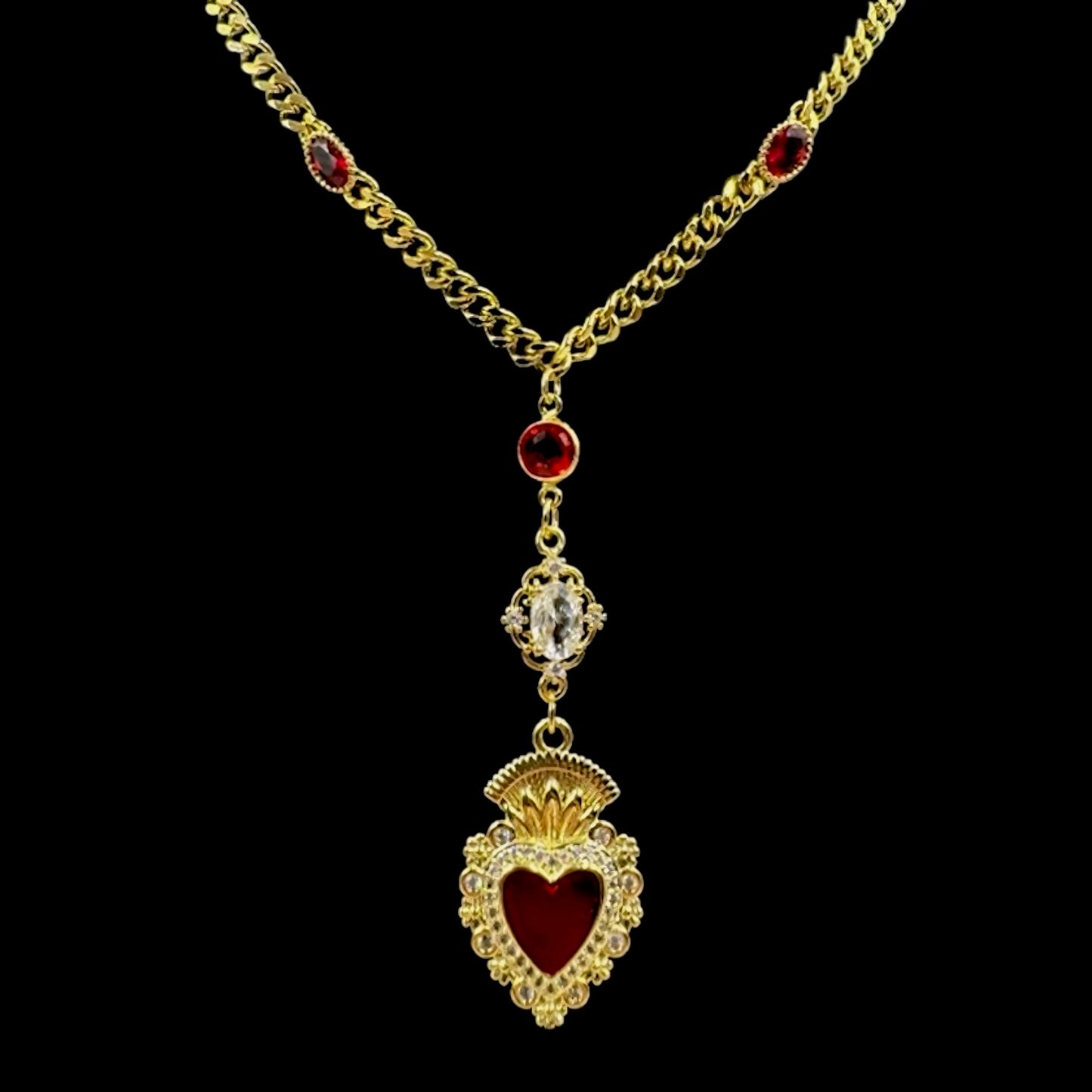 Sacred Heart Red Gem Curb Chain Necklace