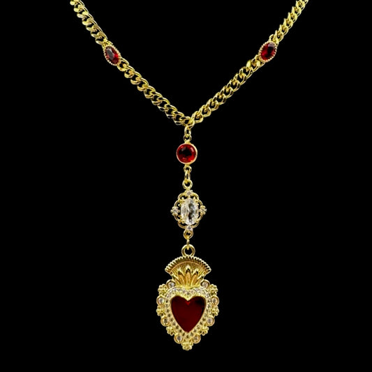 Sacred Heart Red Gem Curb Chain Necklace