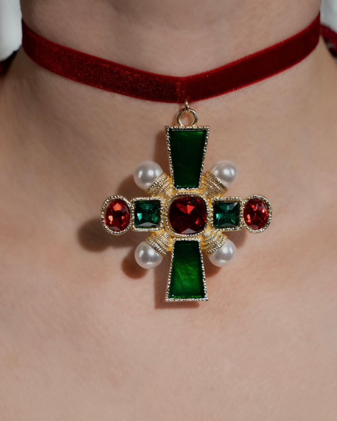 Catherine Cross Red Velvet Choker