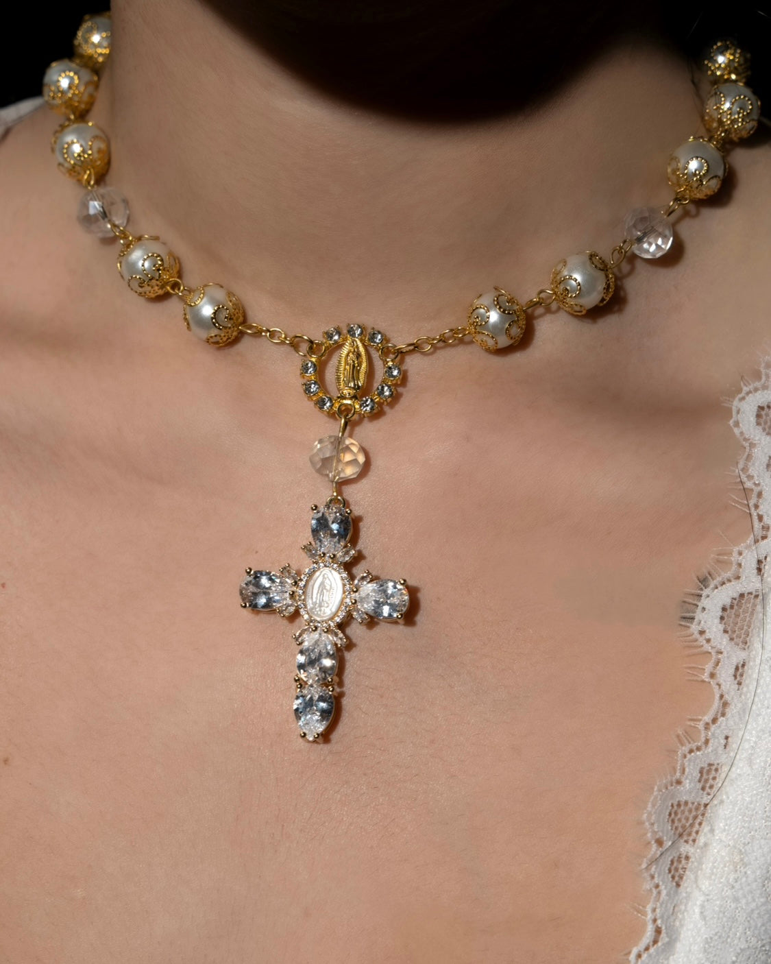 Gold Virgin Mary Crystal Cross Rosary Choker