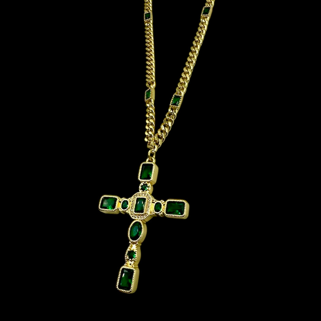 Emerald Green Baguette Cross Necklace