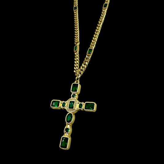 Emerald Green Baguette Cross Necklace