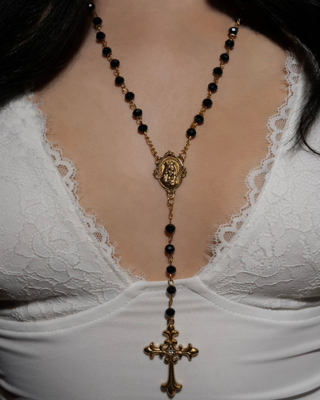 Gold Crowned Mary Black Beaded Rosary