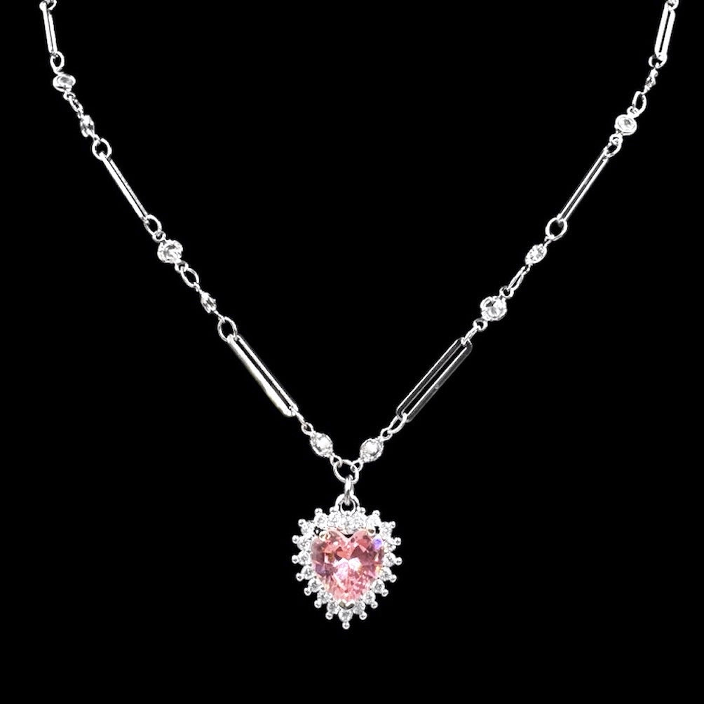 Silver Pink Diamond Heart Crystal Necklace