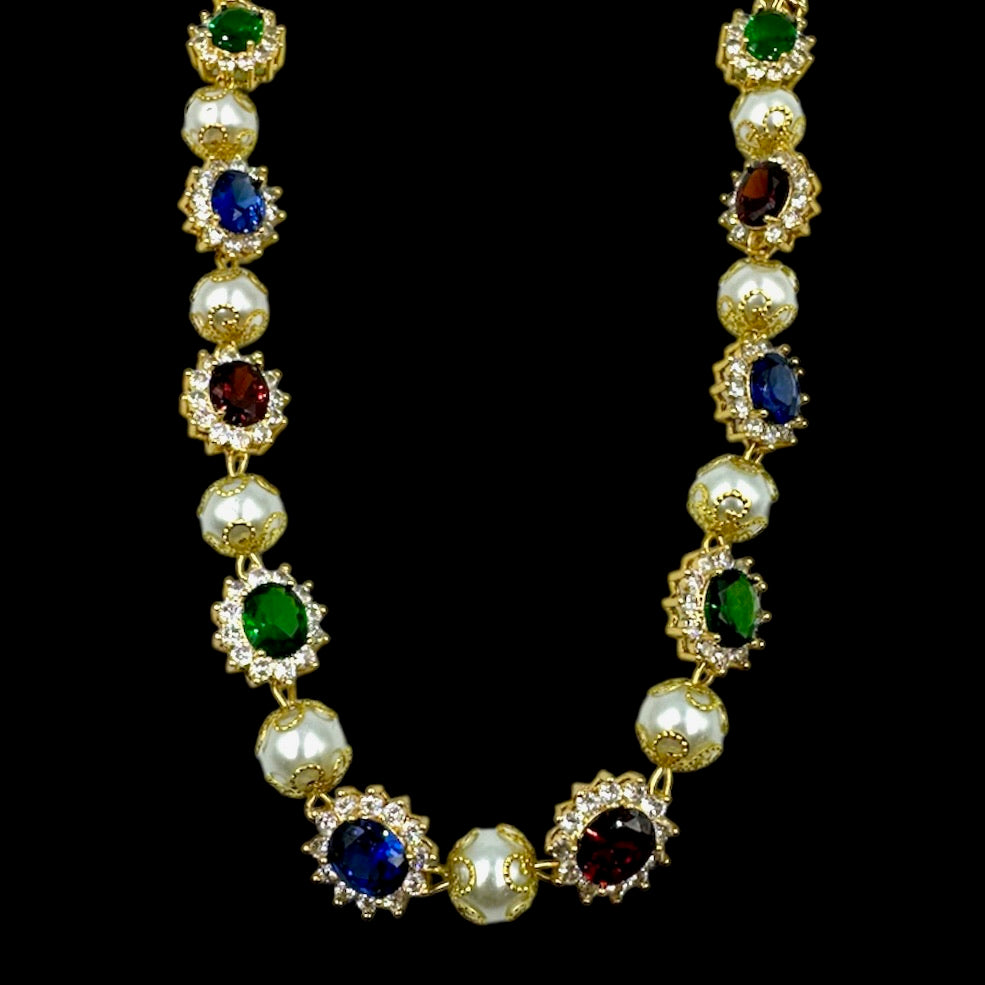 Green Red Blue Gems & Pearls Choker